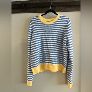 GAP Blue and White Striped Crewneck Sweater with Yellow Trim
